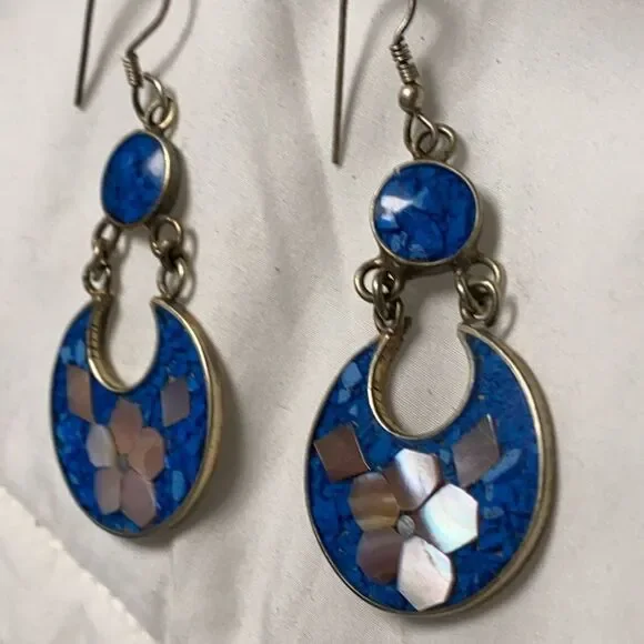 Genuine Lapis & mother ofSigned Alpoco Mexico Silver MosaicFlower Earrings
